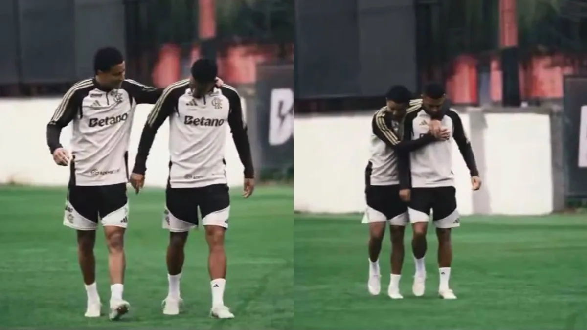 Anthony Valencia abraça Samuel Lino em treino do Flamengo