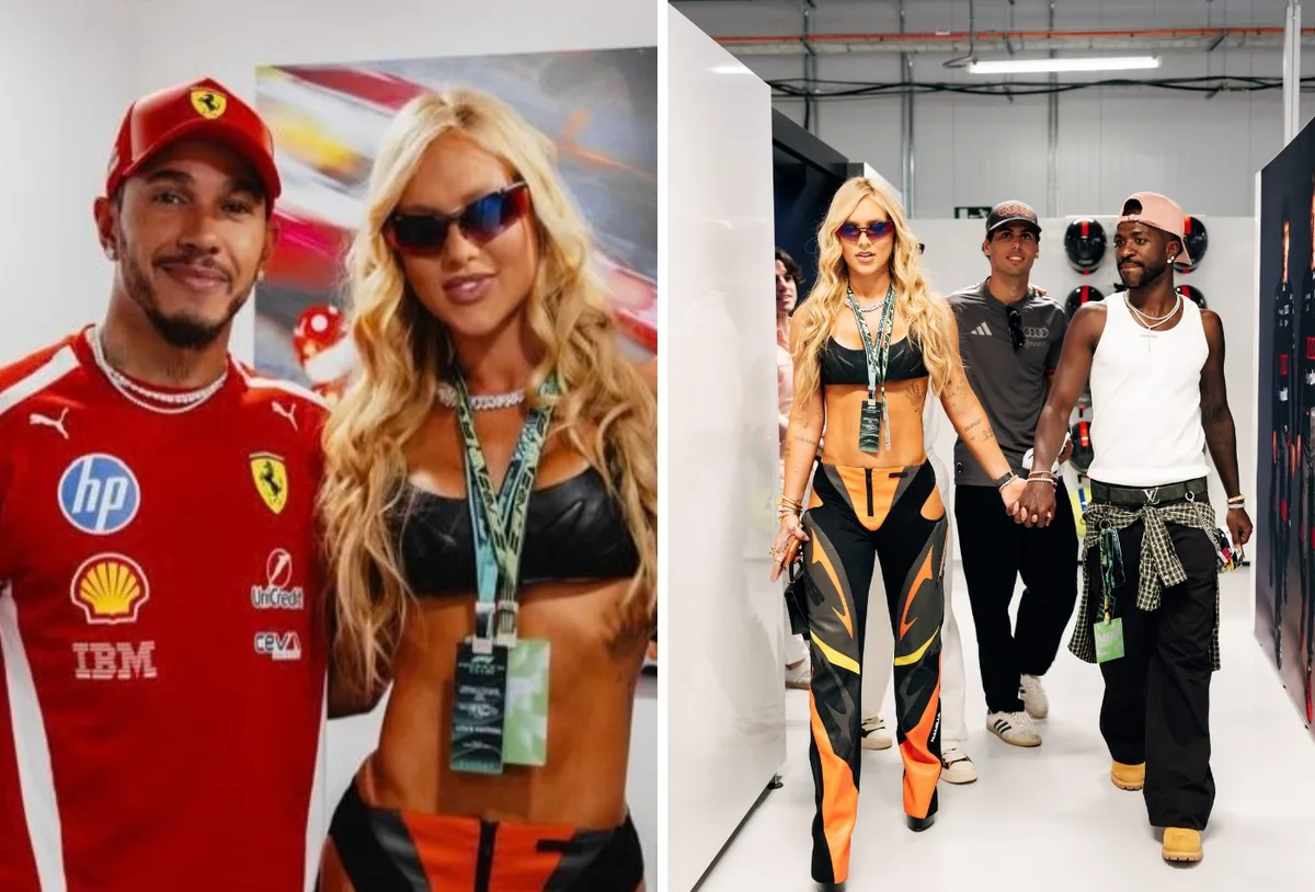 Look de Virginia ao lado de Vini Jr. divide fãs da Ferrari no GP da Espanha