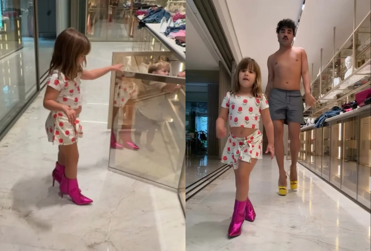 Maria Flor desfila com bota de salto no closet de Virginia Fonseca