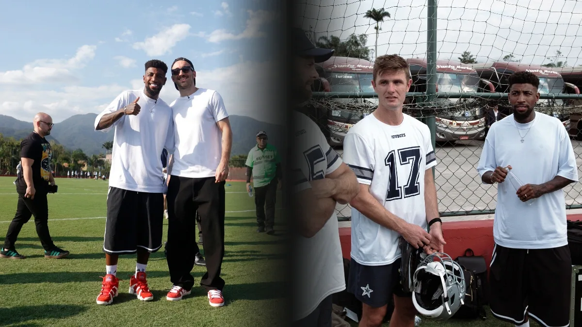 Léo Ortiz e Emerson Royal acompanham treino dos Cowboys no Ninho do Urubu