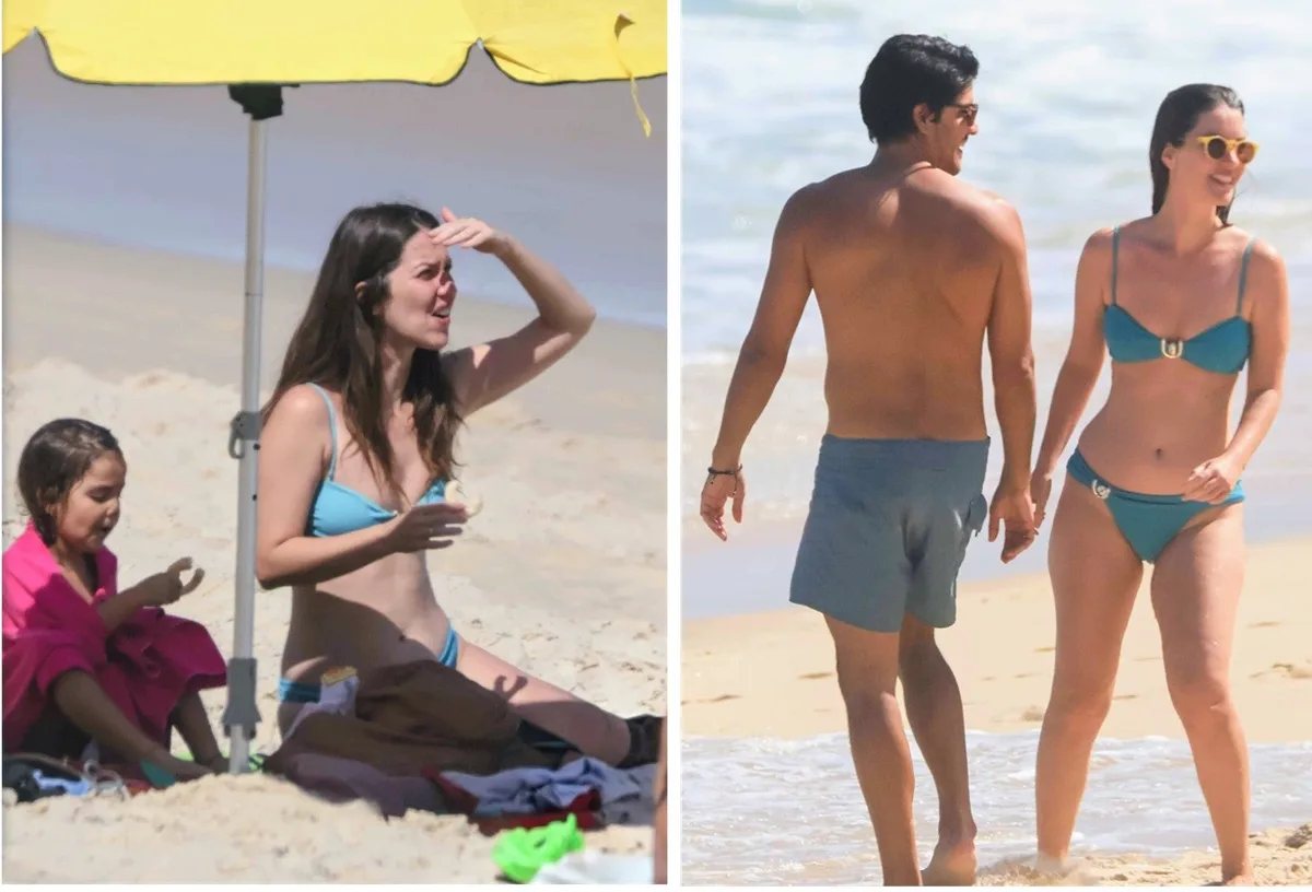 Nathalia Dill curte dia de praia com a filha e o marido no Rio