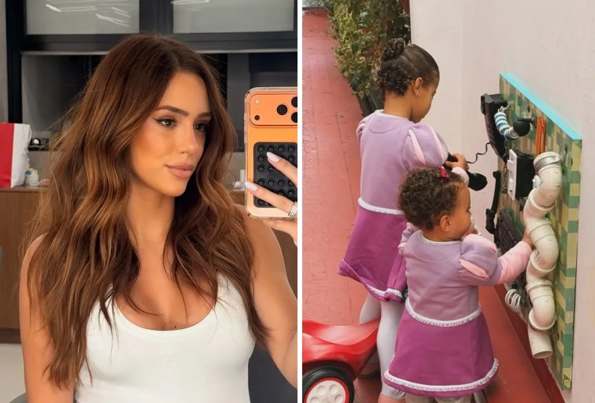 Bruna Biancardi registra Mavie e Mel com roupas combinando em dia de brincadeiras