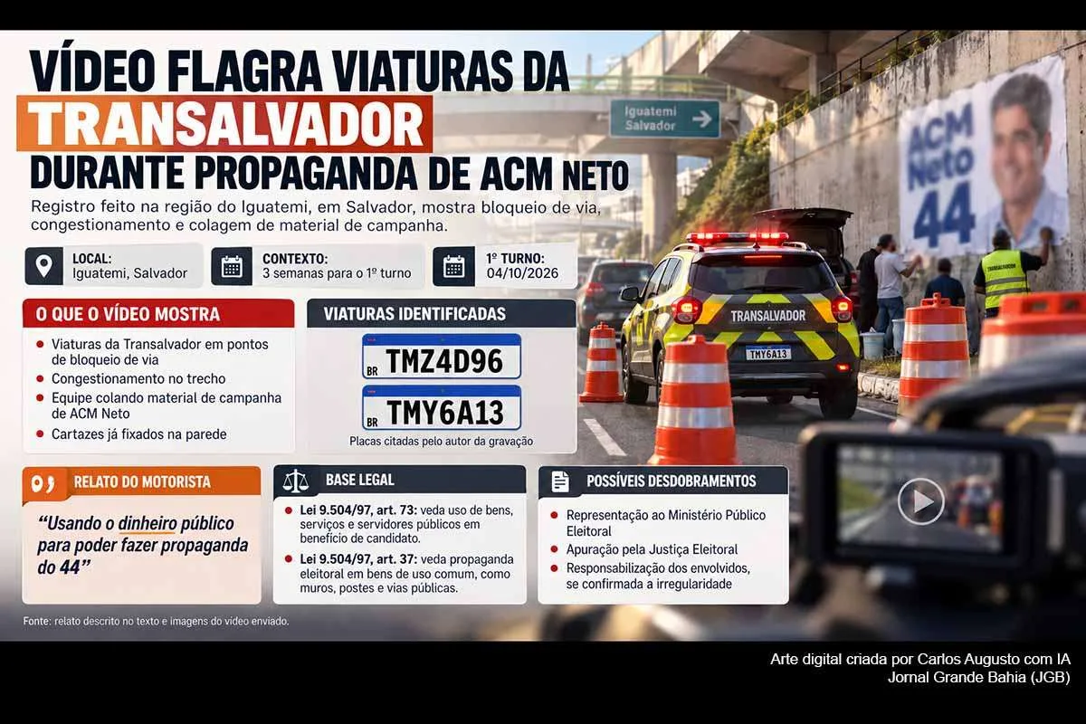 Vídeo mostra viaturas da Transalvador durante suposta colagem de material de ACM Neto; possível uso de estrutura pública pode ser apurado - Jornal Grande Bahia (JGB)