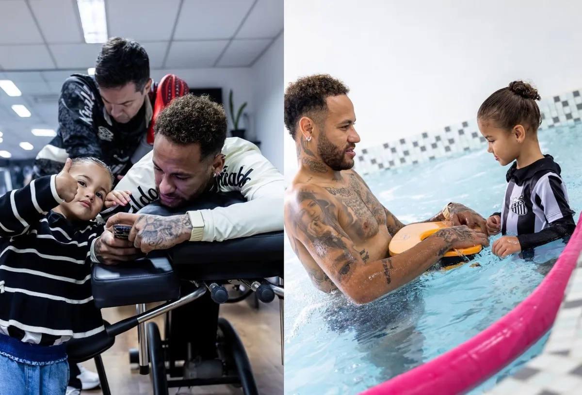 Mavie visita treino do Santos e brinca com Neymar na piscina