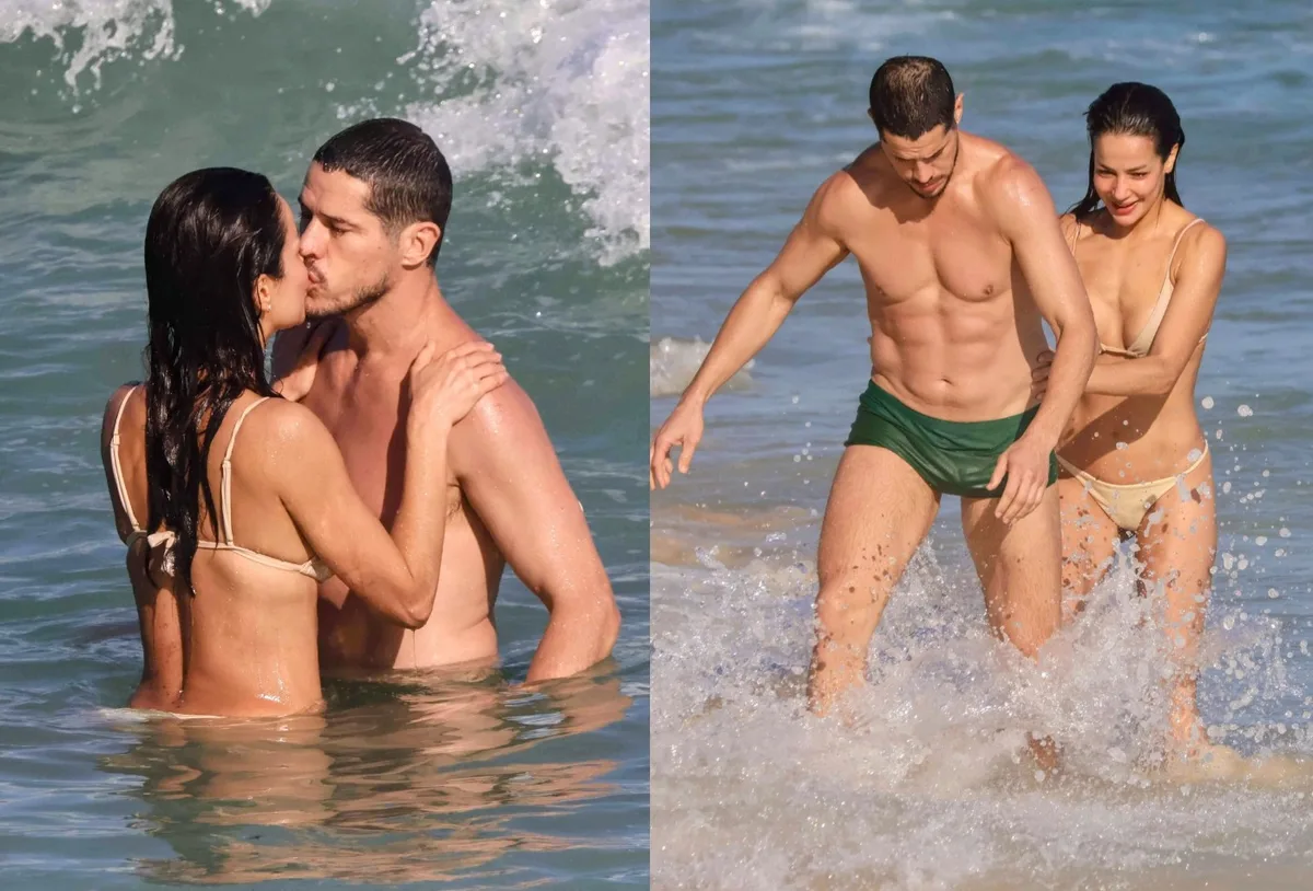 José Loreto e Nanda Marques vivem momentos de carinho na praia no Rio